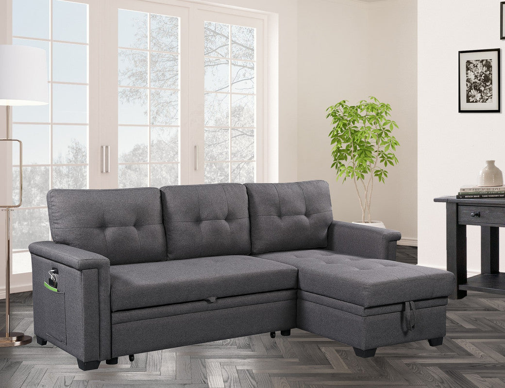 Nathan 84" Dark Gray Reversible Sleeper Sectional Sofa with Storage Chaise, USB Charging Ports and Pocket