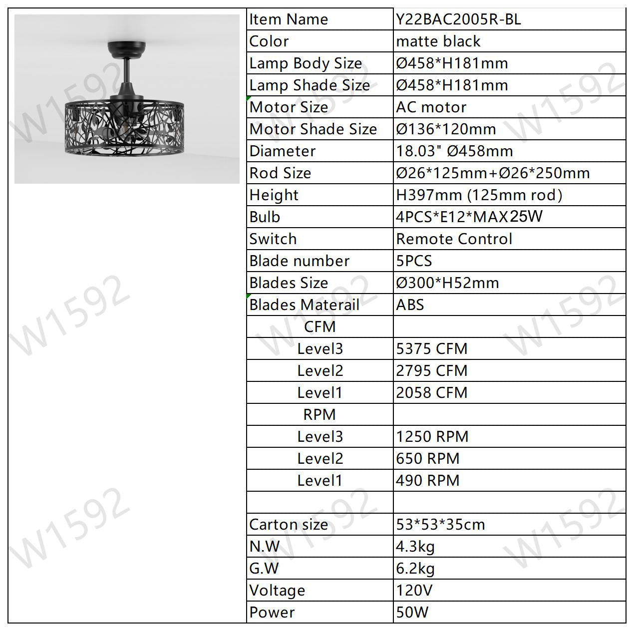 18'' Decor Forward Reverse 5 Blades Ceiling Fan Lamps, Industrial Style Vintage Fan Ceiling Fan with 3 Speeds Adjustable for Living Room, Bedroom, Kitchen