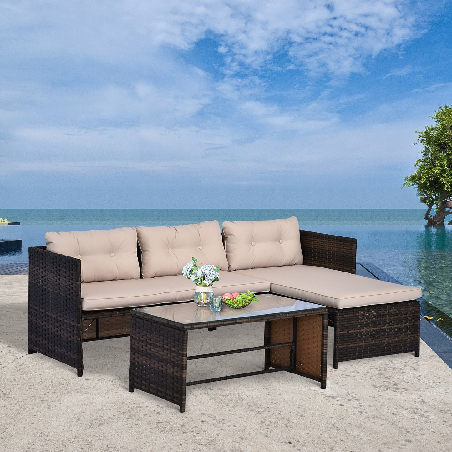 Outsunny 3 Piece Patio Furniture Set, Rattan Outdoor Sofa Set with Chaise Lounge & Loveseat, Soft Cushions, Tempered Glass Table, L-Shaped Sectional Couch, Beige