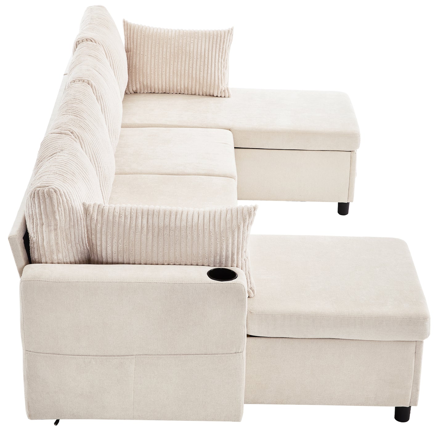 111.8" Sectional Sofa Pull-out Sofa Bed Versatile Sofa Sleeper with Large Storage Space, Two USB Ports and Two Cup Holders for Living Room, Beige