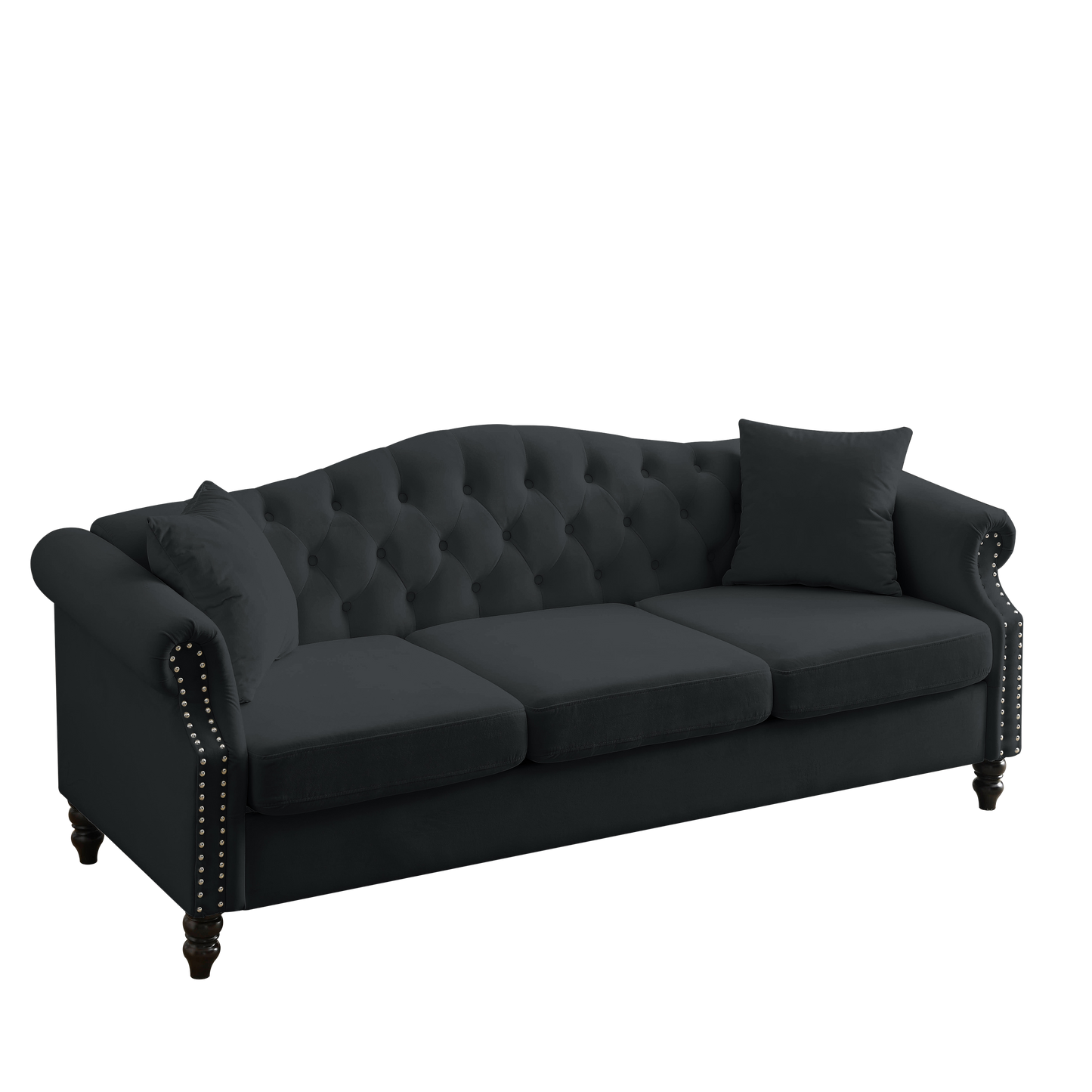 79" Chesterfield Sofa Black Velvet for Living Room, 3 Seater Sofa Tufted Couch with Rolled Arms and Nailhead for Living Room, Bedroom, Office, Apartment, 3S+3S