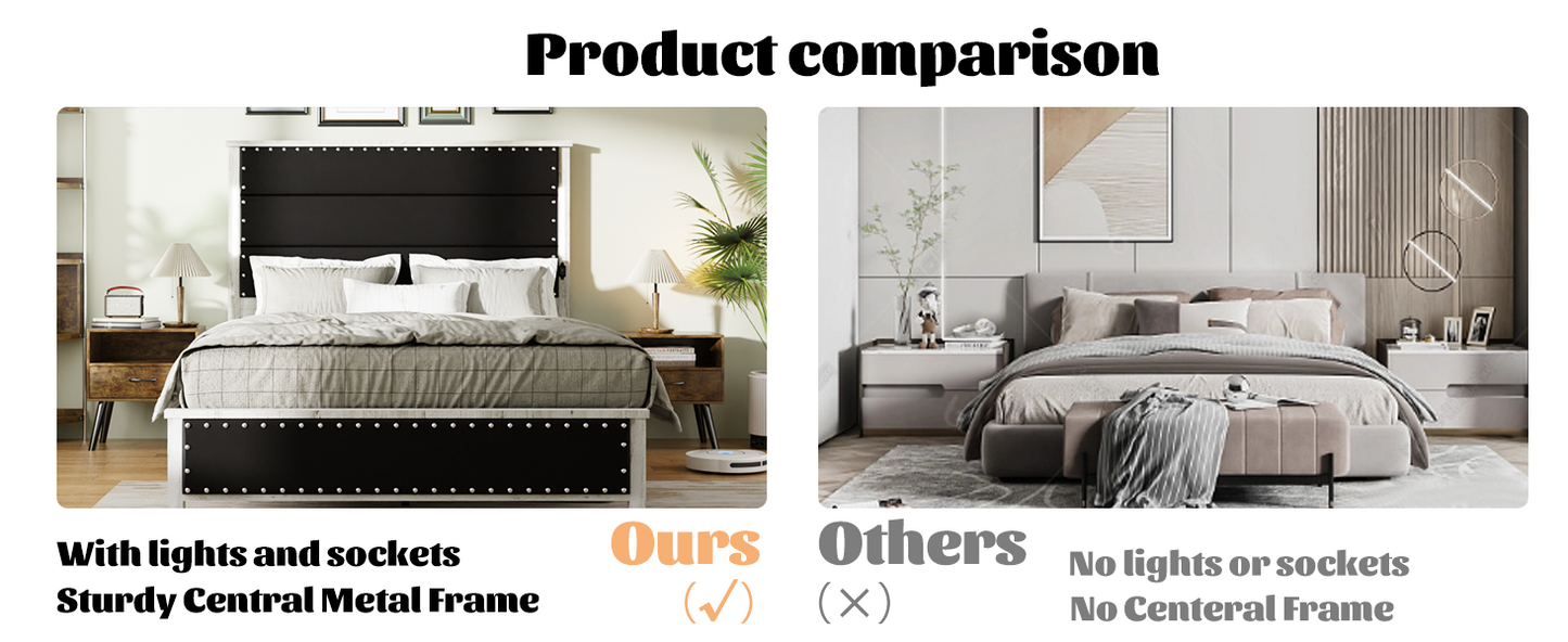 King Size Bed Frame with Upholstered Headboard, King Bed Frame with Charging Station and LED Lights, Wood Slats, Dark Gray Faux Leather & Rivets, No Box Spring Needed, Easy Assembly