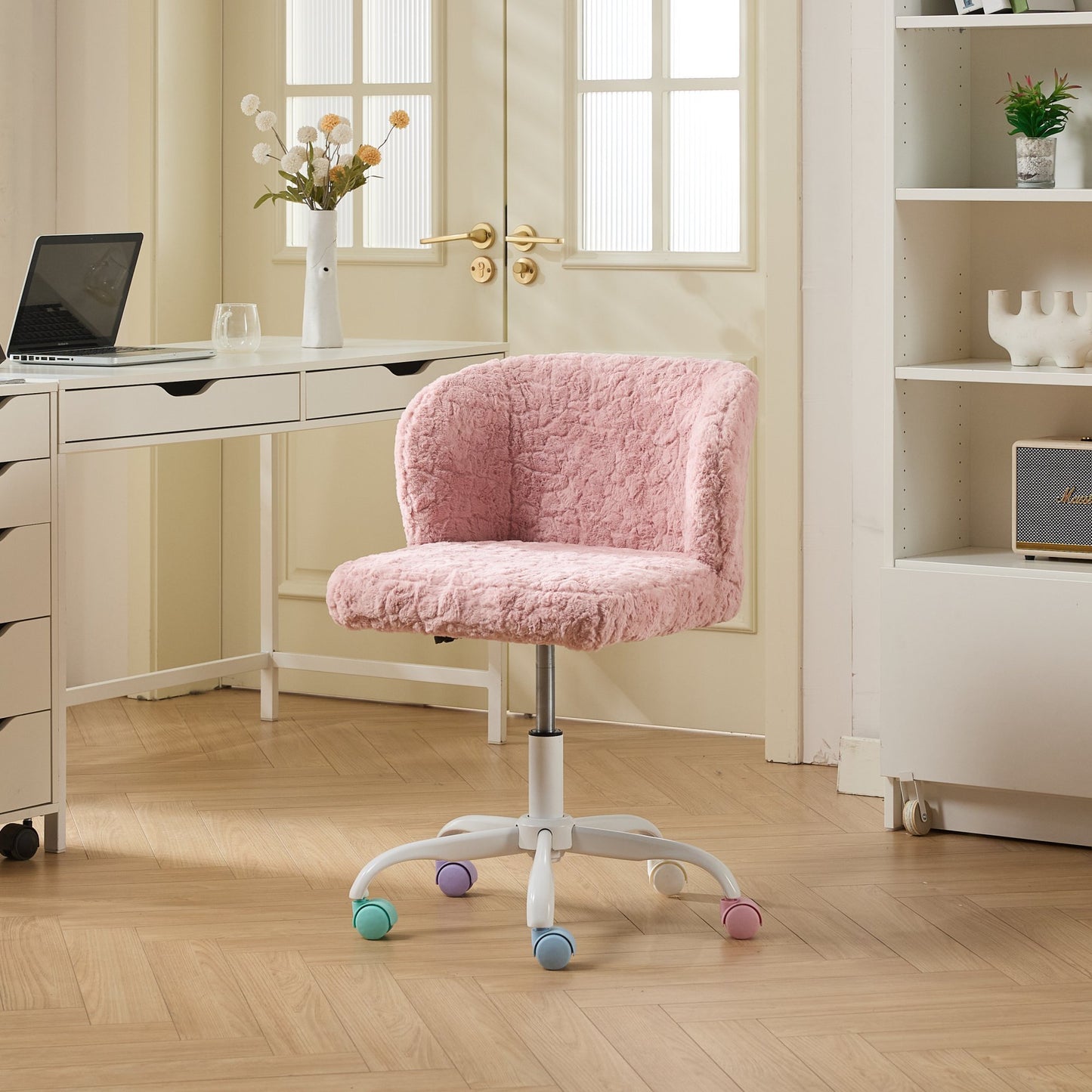 A&A Furniture Office Chair,Artificial rabbit hair Home Office Chair with Metal Base,Adjustable Desk Chair Swivel Office Chair,Vanity Chair(Pink)