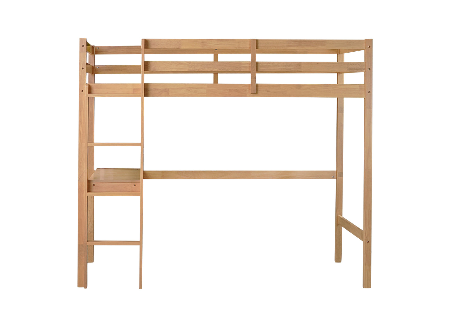 Twin High Loft Bed, Rubber Wood Loft Bed with Safety Guardrail, built-in desk, ladder,White Oak