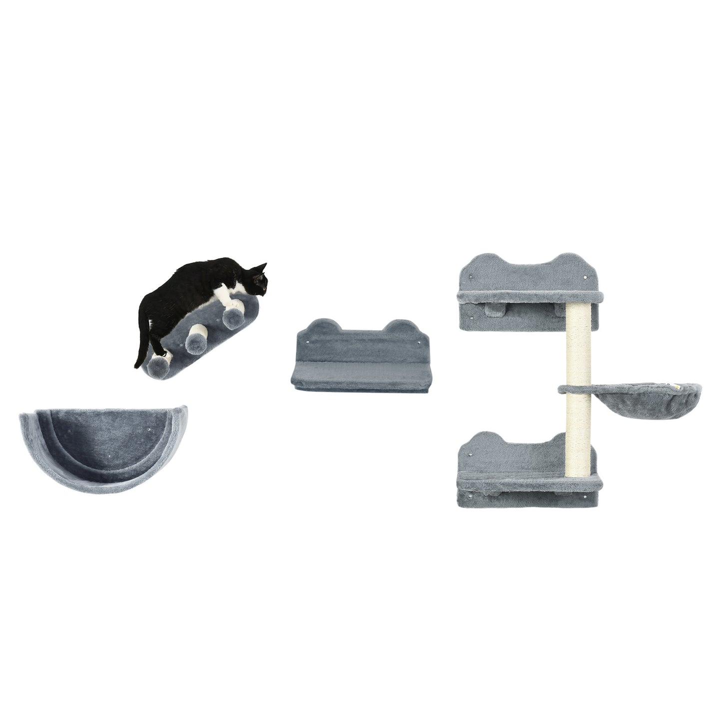 PawHut Cat Wall Shelves, 4 Pcs Cat Wall Furniture Cat Climbing Shelf with Cat Hammock, 3 Steps, Perches, Scratching Post, for Sleeping, Playing, Gray
