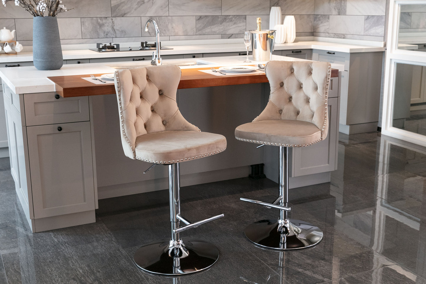 A&A Furniture,Swivel Velvet Barstools Adjusatble Seat Height from 25-33 Inch, Modern Upholstered Chrome base Bar Stools with Backs Comfortable Tufted for Home Pub and Kitchen Island(Khaki,Set of 2)