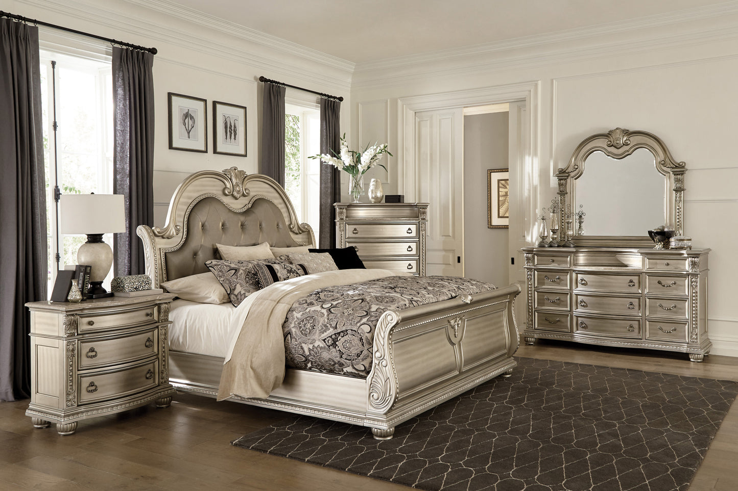 Silver Finish European Design 1pc Luxury Dresser with 11 Drawers Genuine Marble Insert Traditional Bedroom Furniture