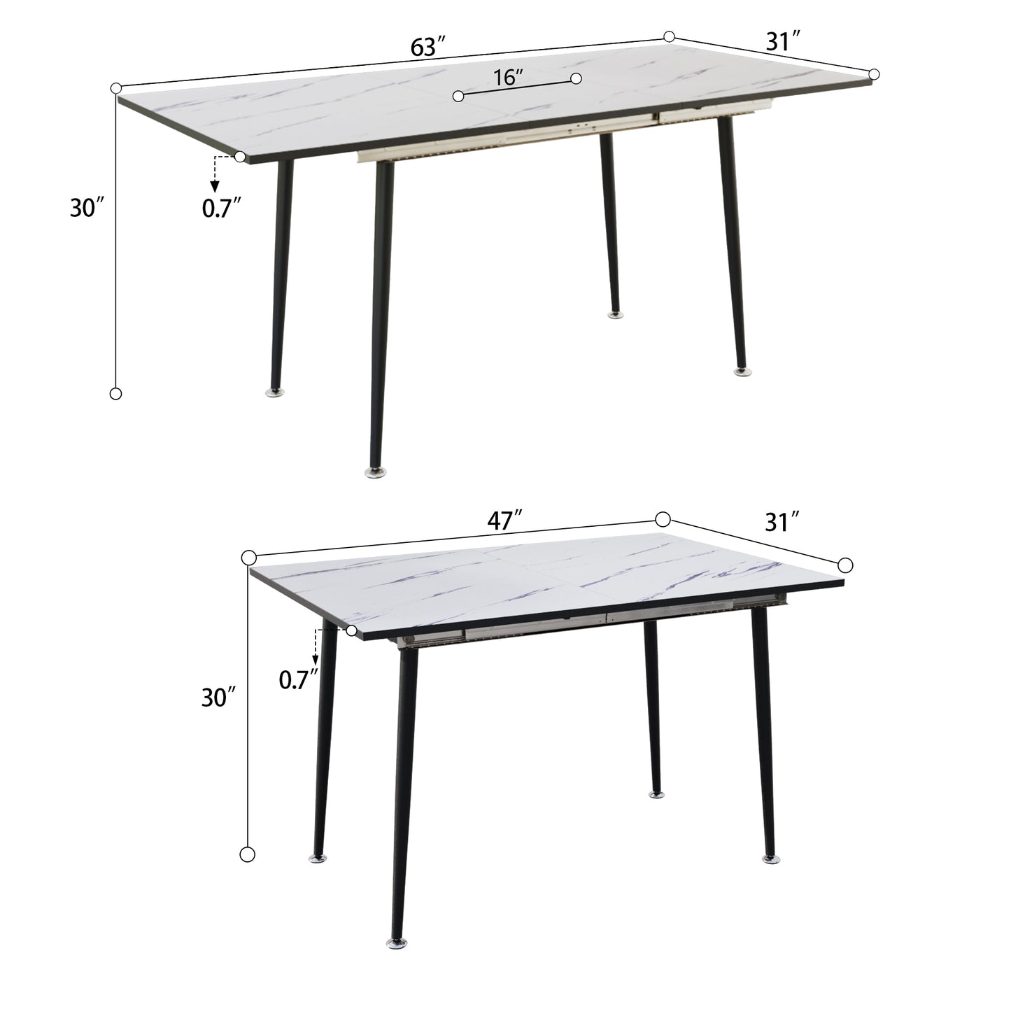47" expandable to 63" inch MDF square white marble patterned dining table, modern industrial kitchen and dining table, equipped with tapered black metal legs