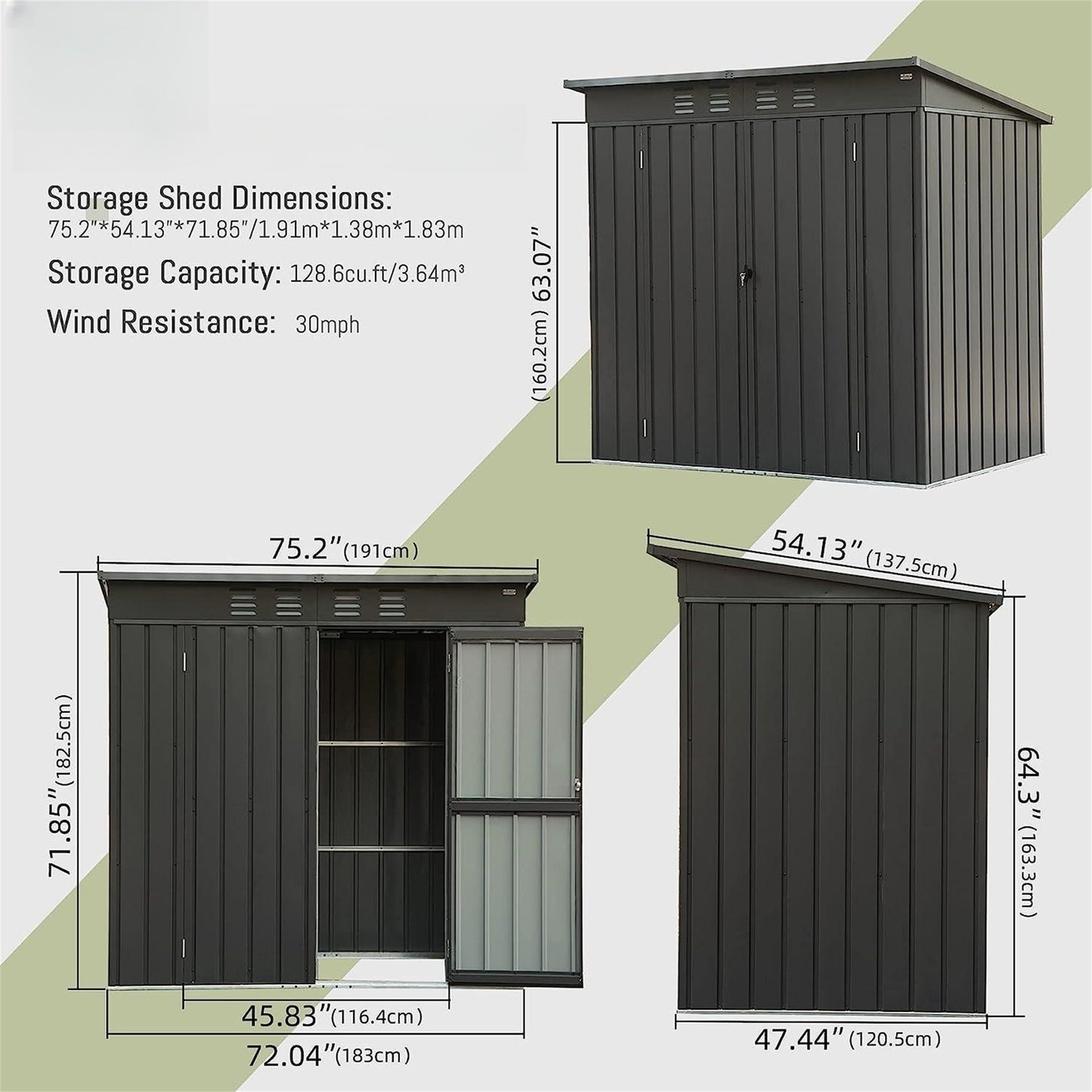 Backyard Storage Shed with Sloping Roof Galvanized Steel Frame Outdoor Garden Shed Metal Utility Tool Storage Room with Latches and Lockable Door (6x4ft, Dark Gray)