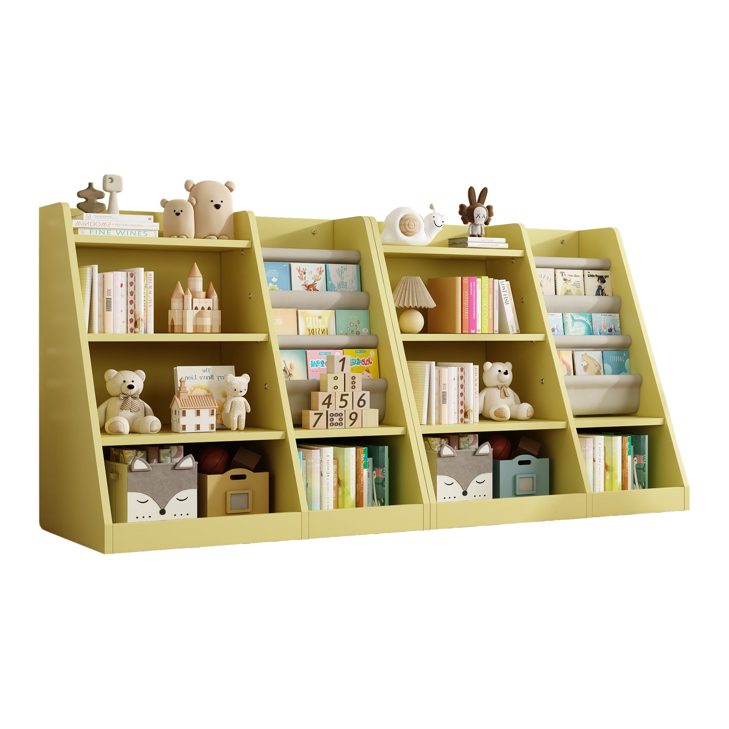 Yellow Wooden Toy Storage Organizer Cabinet Kids Bookshelf Children Bookcase Toddler Baby Sling Book Rack Adjustable Shelf for Playroom Bedroom Nursery Hallway School Kindergarten Living Roomy