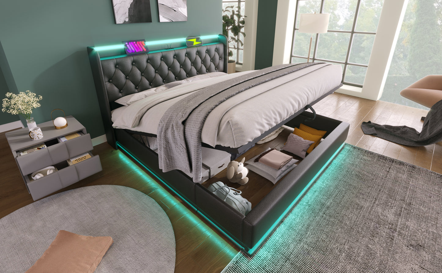 King size Upholstered bed, 360 surround LED function, Buttons/Apps/Remote Control, hydraulic storage bed with USB Type-C charging, Black, PU (Without mattress)