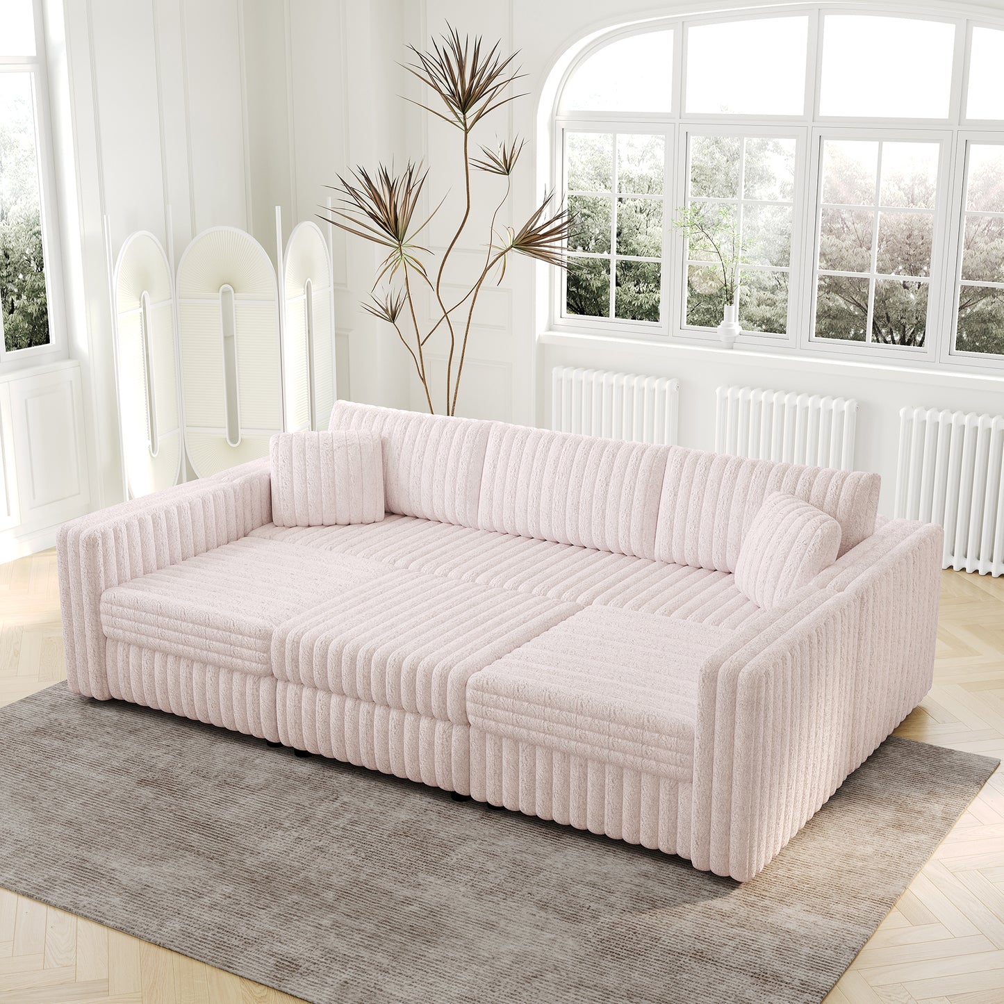 106.3" Soft U-shaped 6-Person Sofa. Matches 30.7" Ottoman with Hydraulic Lift. Comfortable & Stylish. For Bedroom & Living Room. Light Pink.Modern Furniture. Modular Design.