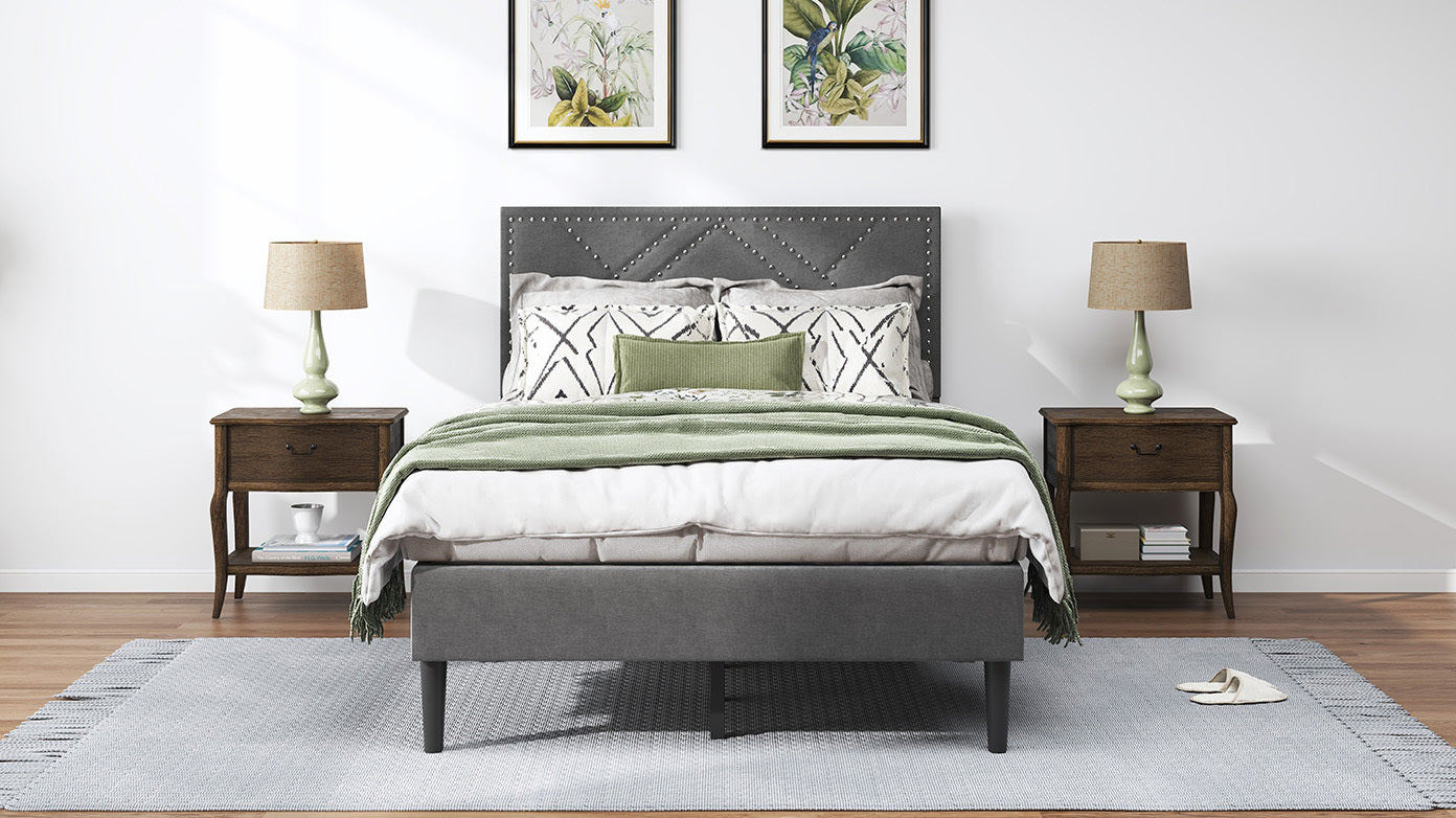 Full Size Bed Frame with Storage Headboard, Metal Platform Bed No Noise, Mattress Foundation Strong Metal Slats Support No Box Spring Needed