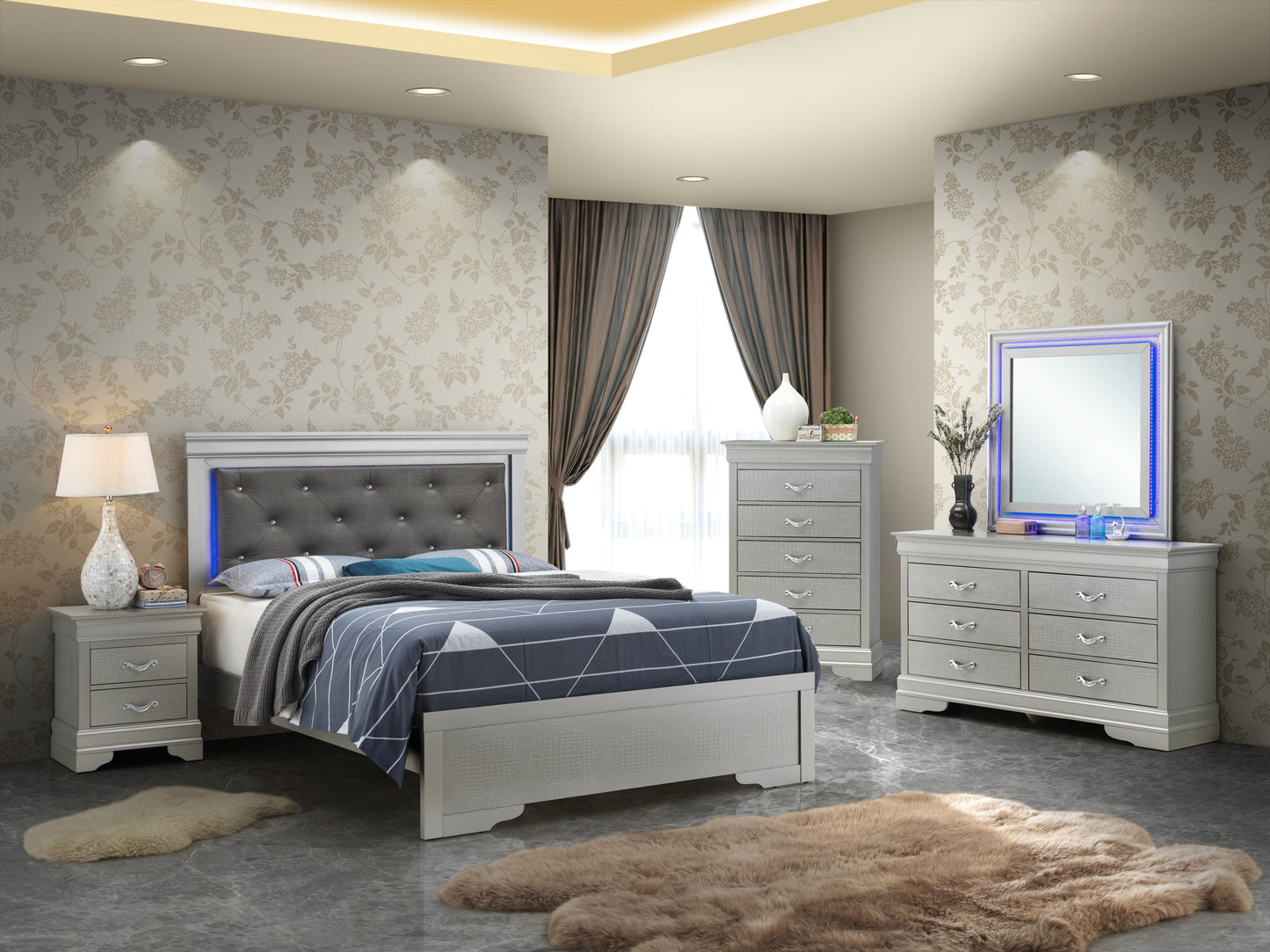 Elegant Silver Champagne Transitional King Bed