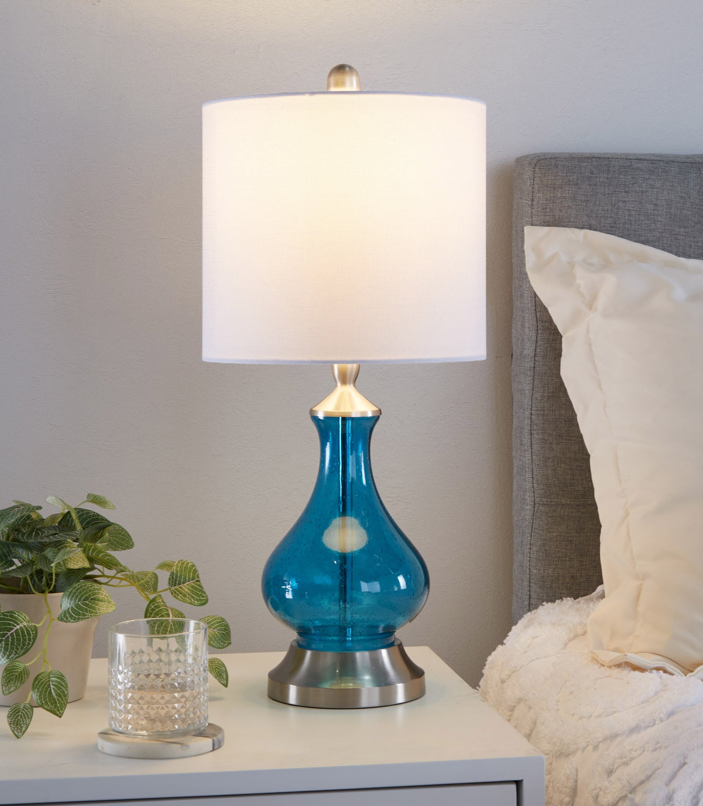 Jasmine 22" Contemporary Glass Accent Lamp in Clear Sapphire Blue Seeded Glass, Brushed Nickel and White Linen Shade from Grandview Gallery by LumiSource