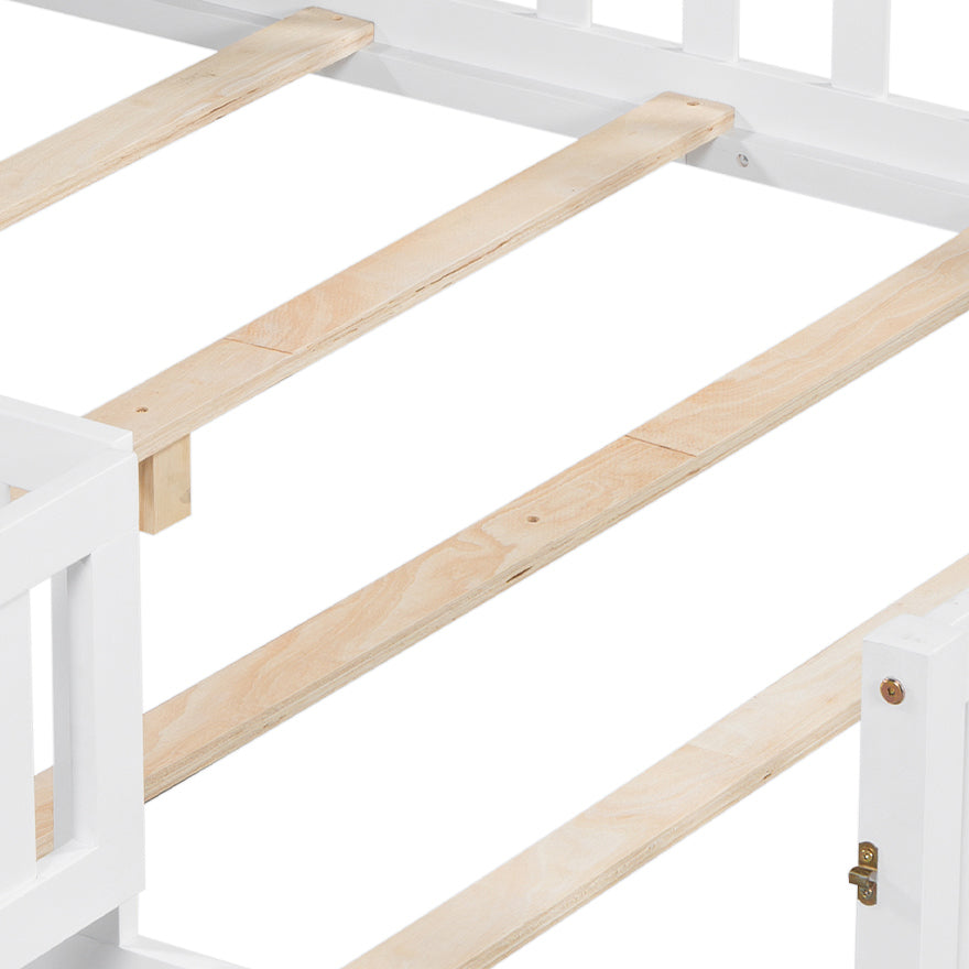 Full-size Montessori Floor Bed with Bookcases and Blackboards, Versatile Platform Beds with Guard rails, Solid Wood Floor Beds with Storage Headboards, Floor Beds for Kids and Teens White