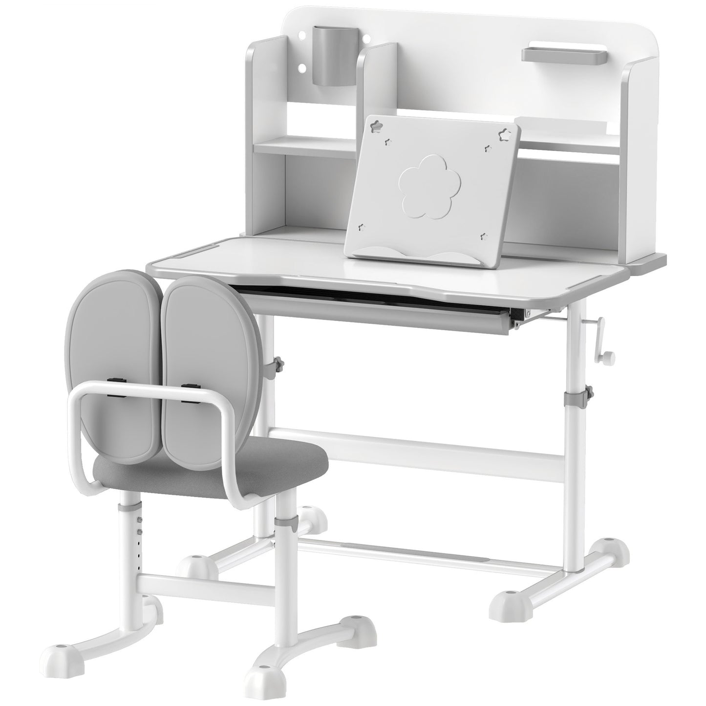 Qaba Kids Desk and Chair Set, Height Adjustable Kids School Study Desk and Chair Set with Tilt Desktop, Storage Drawer and Reading Rack for Writing, Reading and Drawing, Gray