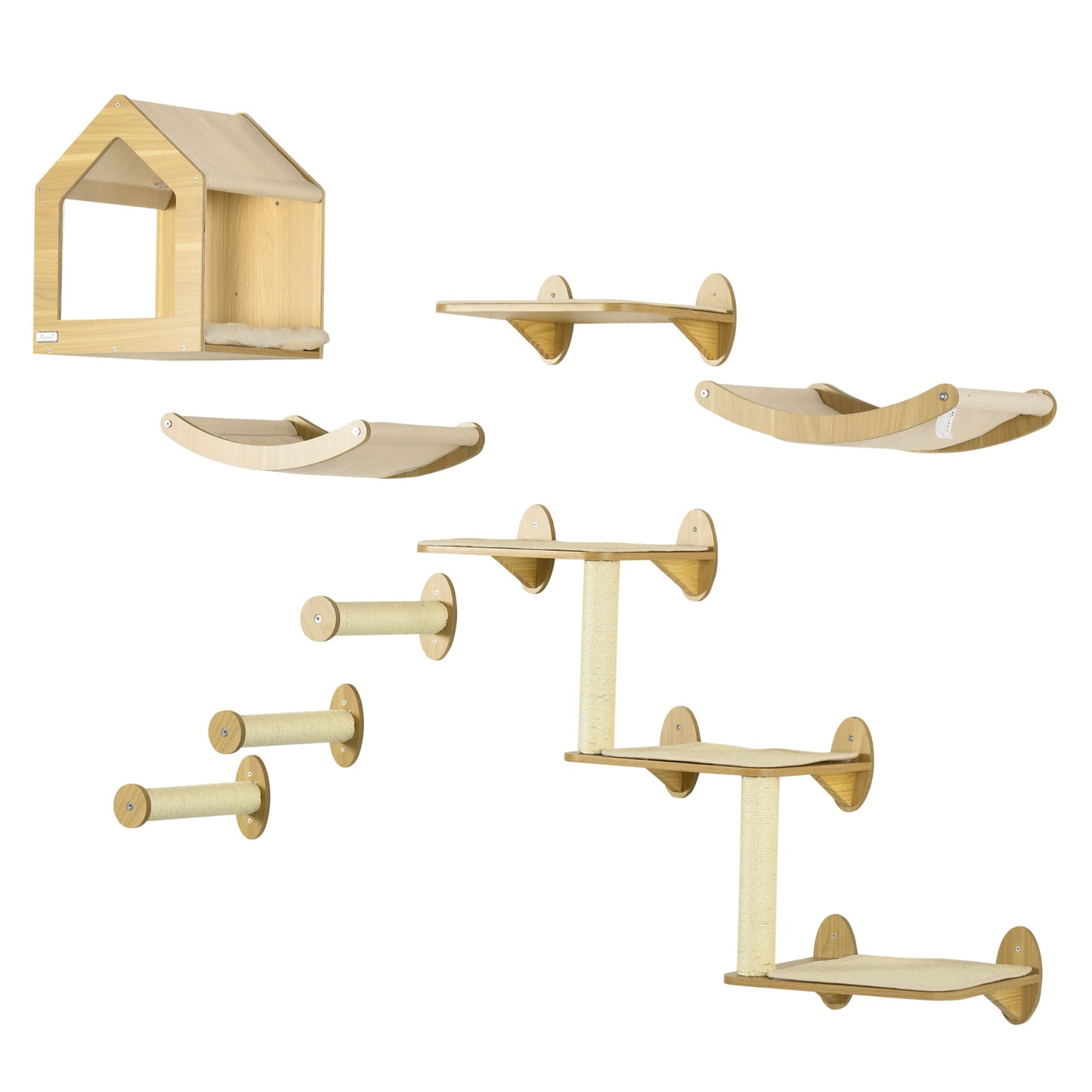 PawHut Unique Cat Tree Made From Cat Shelves with 10 Levels for More Height, Wall-Mounted Cat Tree Climbing Playground with Cat Hammocks, Modern Cat Tree