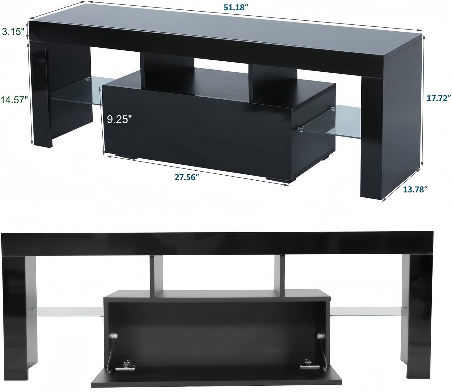 LED TV Stand for Televisions up to 55 Inchs,Modern Entertainment Center with down filp door, Glass shelf and high glossy UV front face, TV Console Table for Living room,Bedroom. Black color