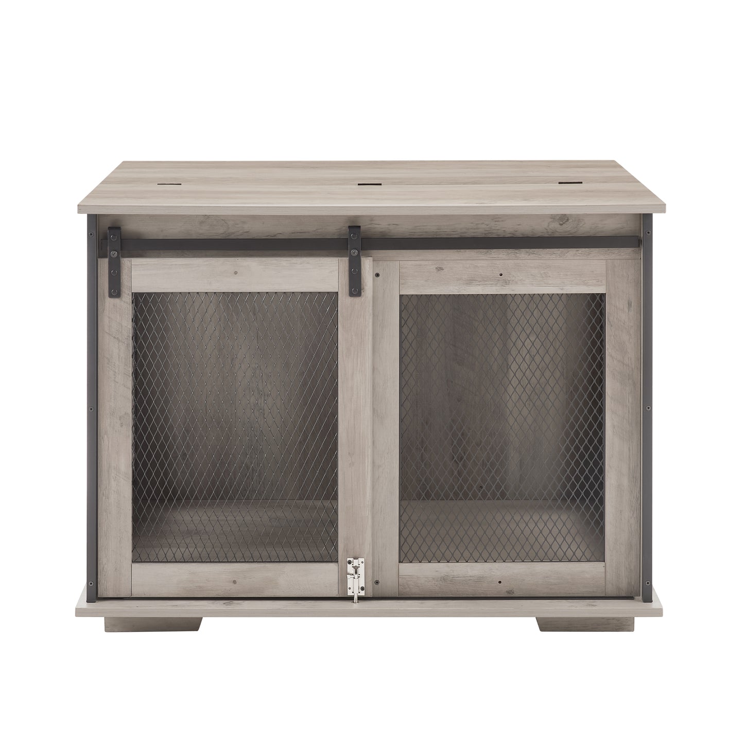 Farmhouse Dog Cage Crate Furniture with Sliding Barn Door, Farmhouse Wooden Dog Kennel End Table with Flip-top Plate Dog House with Detachable Divider for Small/Medium/Large Dog Gray