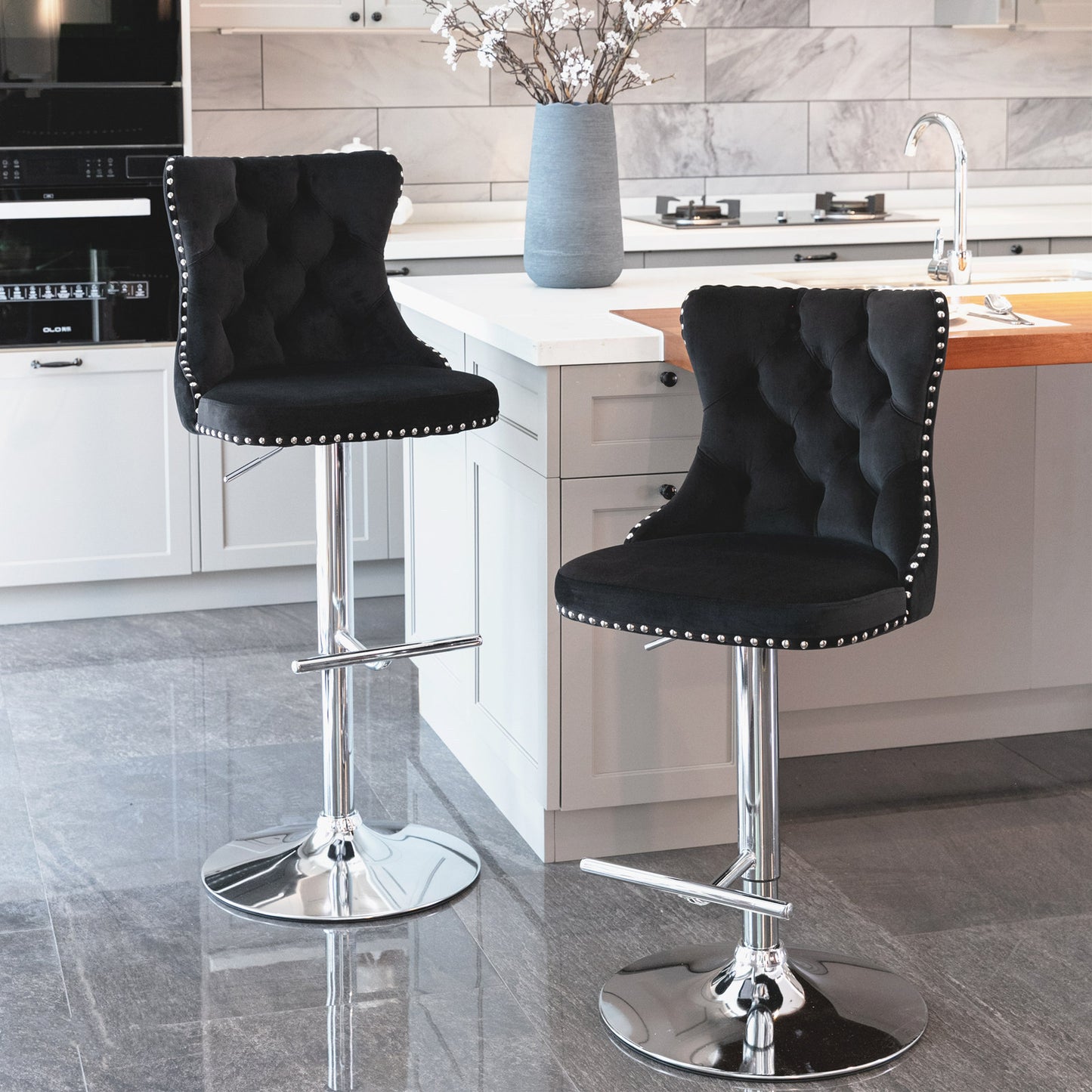 A&A Furniture,Swivel Velvet Barstools Adjusatble Seat Height from 25-33 Inch, Modern Upholstered Chrome base Bar Stools with Backs Comfortable Tufted for Home Pub and Kitchen Island(Black,Set of 2)