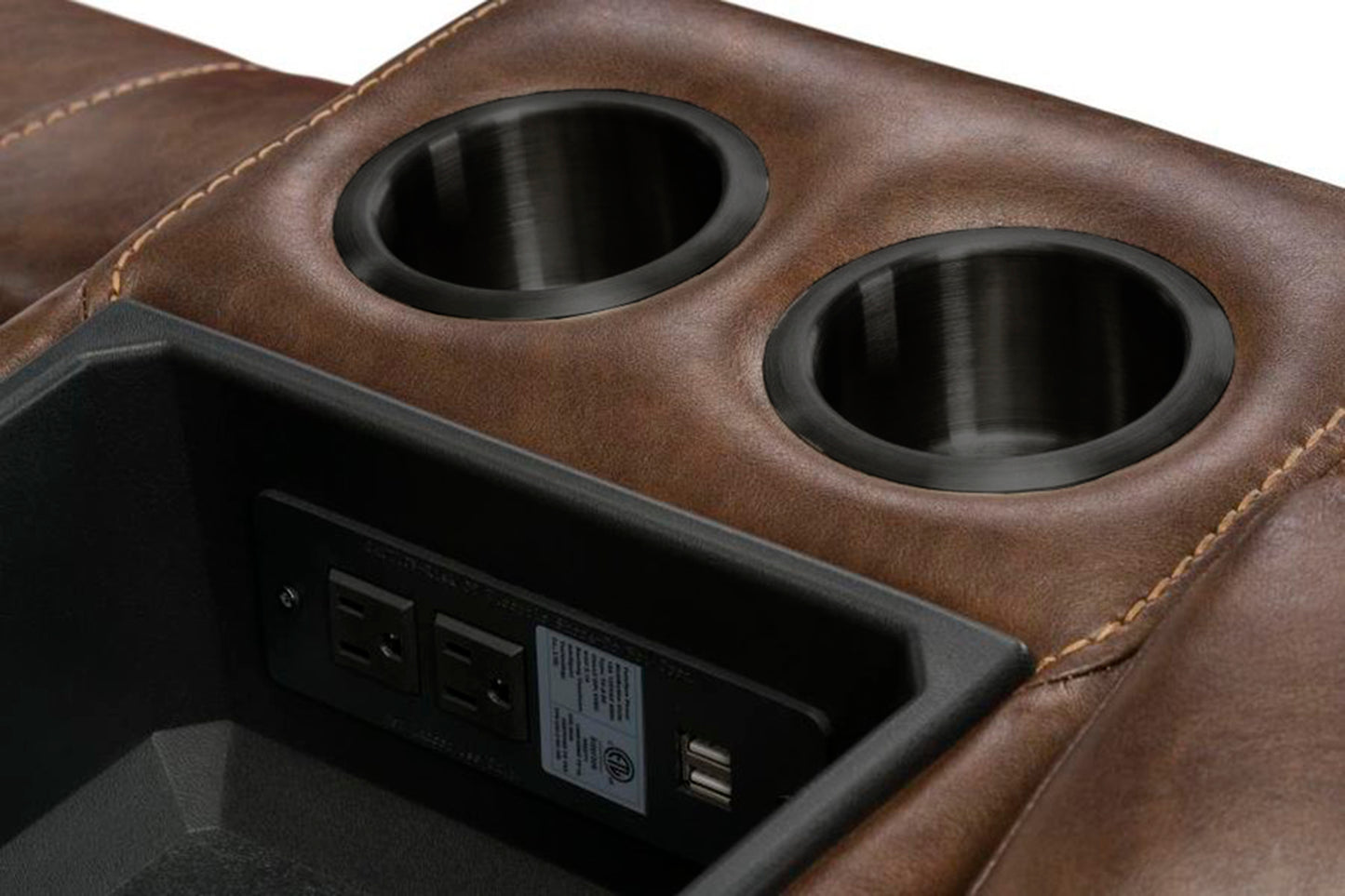 Achern Brown Leather-Air Nailhead Manual Reclining Sofa with Storage Console and USB Port