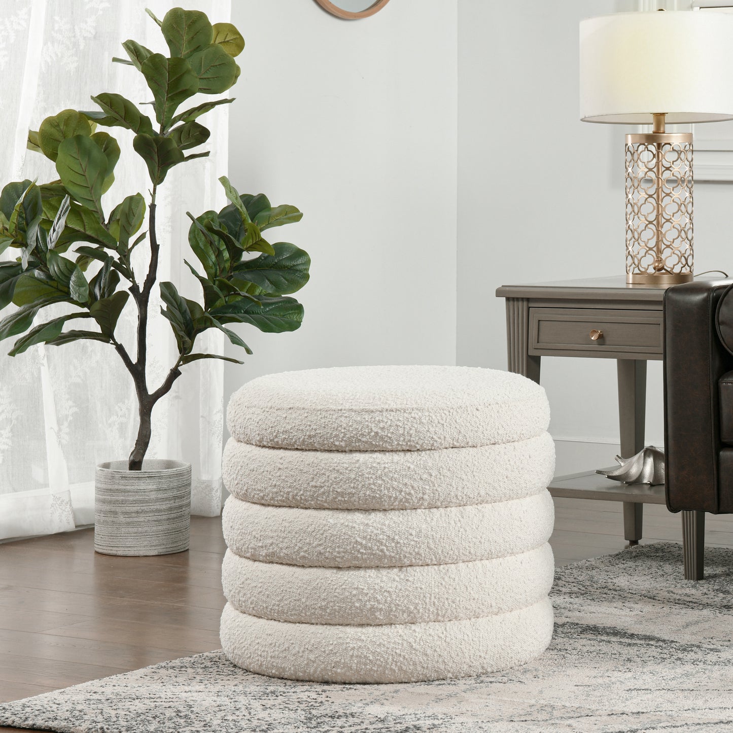 Fuji 19' Oversized Round Storage Ottoman, Ivory White Boucle