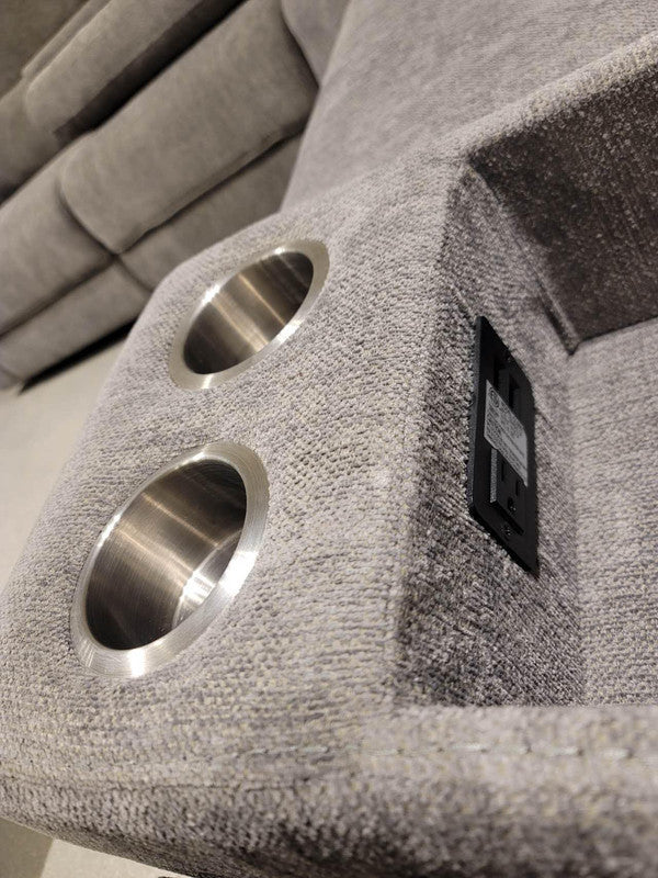 Anthony 114" Wide Light Gray Chenille Fabric Power Reclining Sectional with Power Headrest, Charging Ports, Storage, and Cupholders