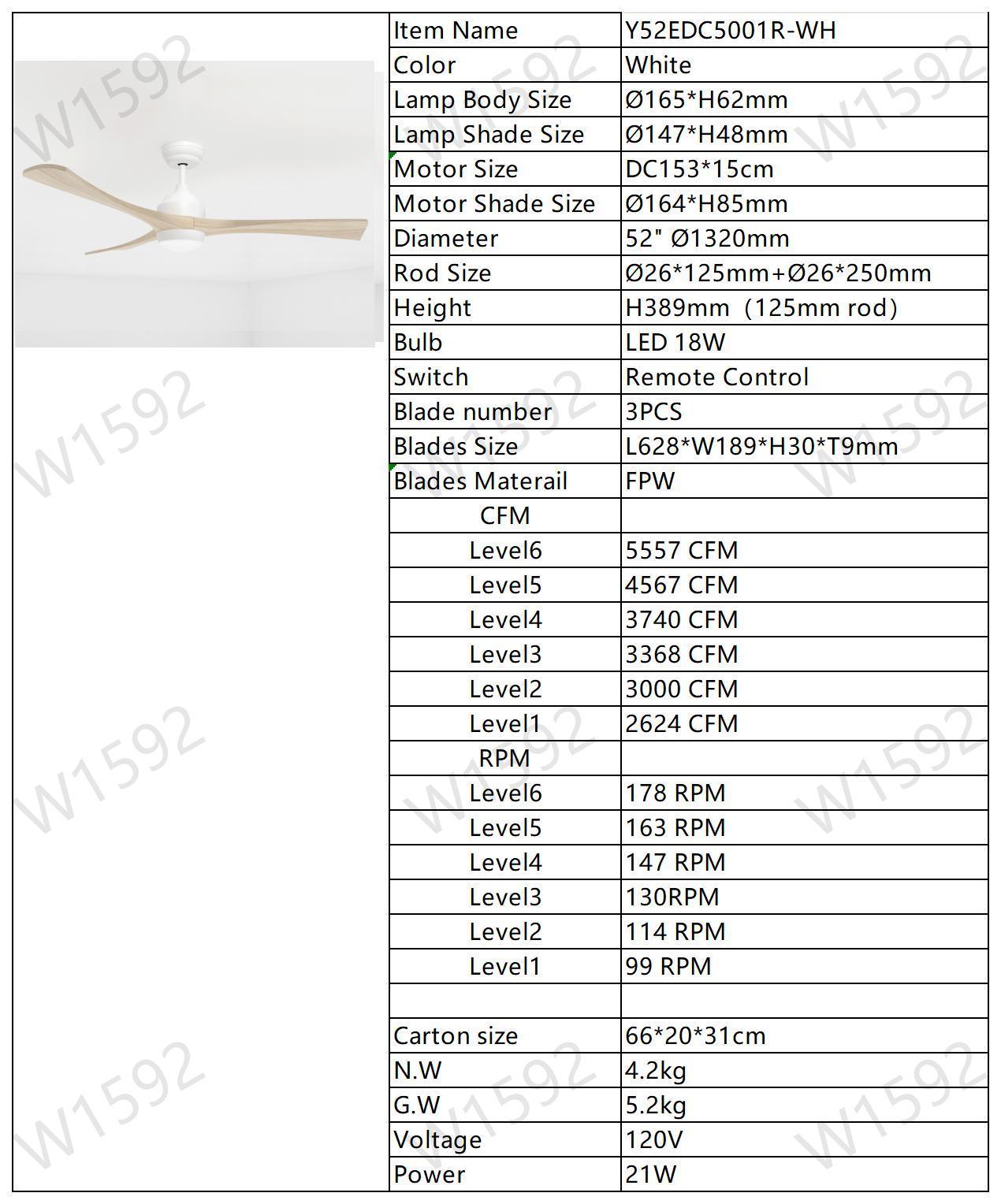 52" Ceiling Fan with Lights Remote Control,Quiet DC Motor 3 Blade Ceiling Fans 6 Speed Levels,Reversible Ceiling Fan, for Patio Living Room, Bedroom, Office,Indoor.(White +Natural)