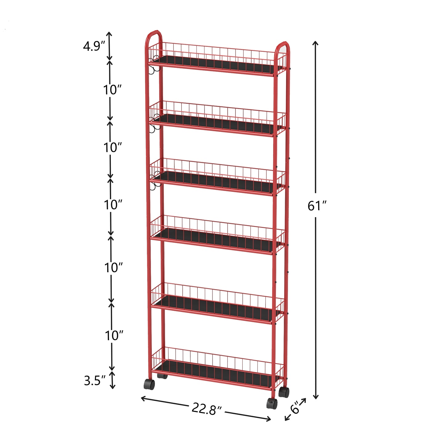 Red 6-Tier Rolling Cart Gap Kitchen Slim Slide Out Storage Tower Rack with Wheels,6 Baskets,Kitchen,Bathroom Laundry Narrow Piaces Utility cart