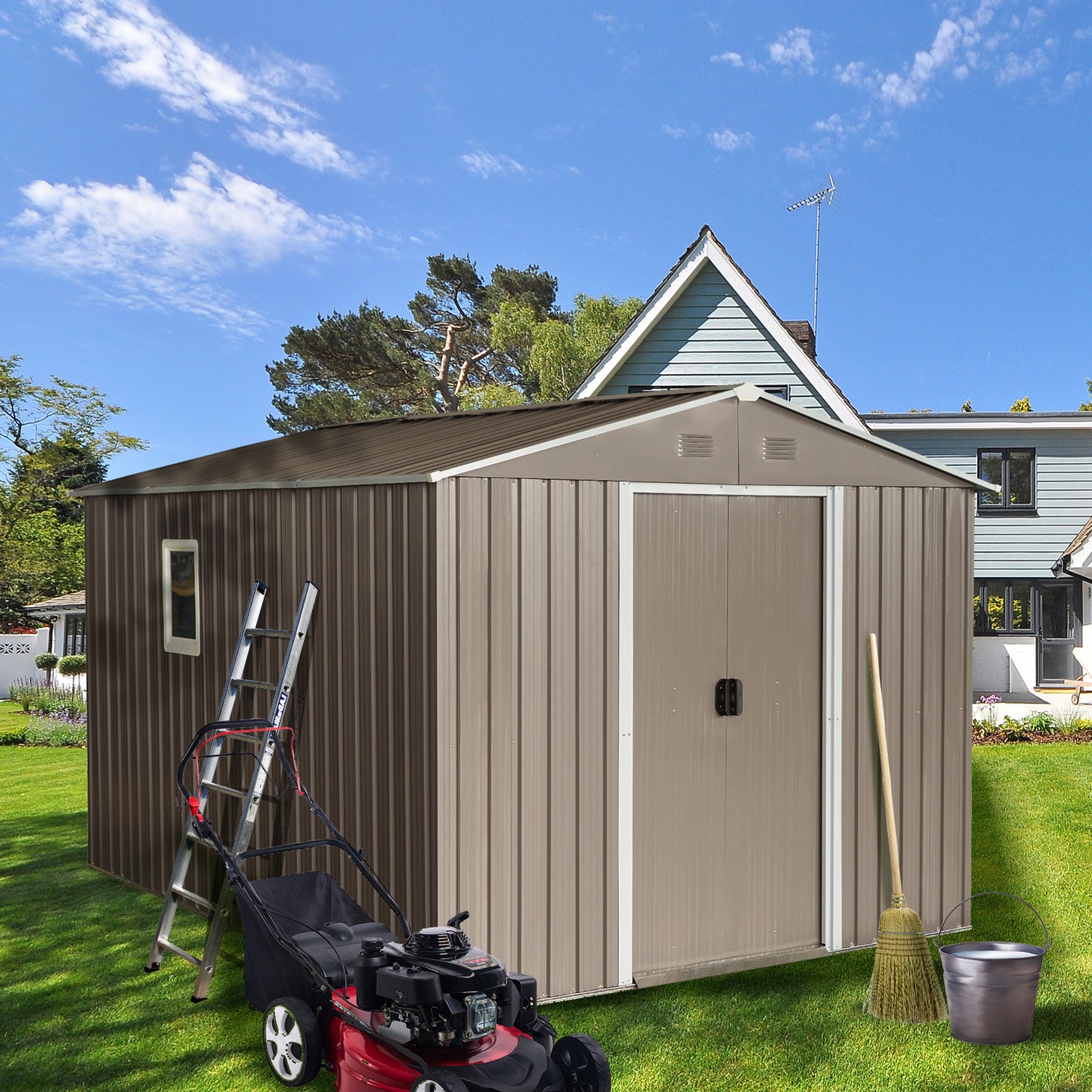 8ft x 10ft Outdoor Metal Storage Shed with Metal Foundation,with Window,Grey(W540S00017)