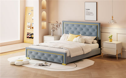 Queen Size Upholstered Platform Bed With Pull Point Headboard And Metal Wire Frame At The Head And Foot Of The Bed, Metal Feet, Velvet, Gray