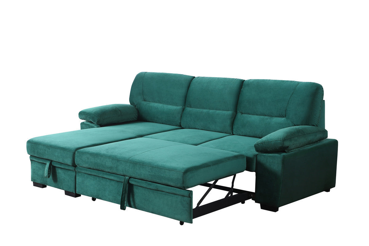 Kipling 97.5" Green Velvet Fabric Reversible Sleeper Sectional Sofa Chaise