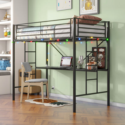 Twin Metal Loft Bed with Desk, Power Outlet and LED Lighted , Safety Guard & Ladder, No Box Spring Needed, Black