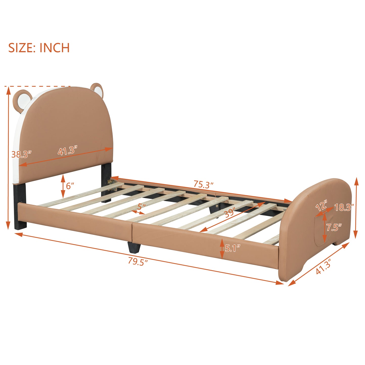 Twin Size Upholstered Platform Bed with Bear-shaped Headboard and Footboard,Brown+White