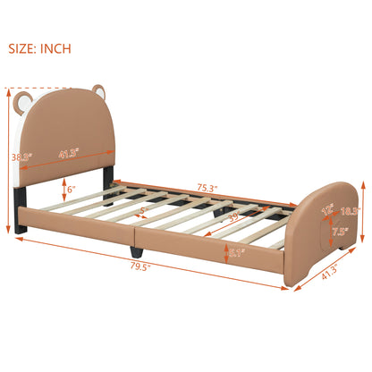 Twin Size Upholstered Platform Bed with Bear-shaped Headboard and Footboard,Brown+White