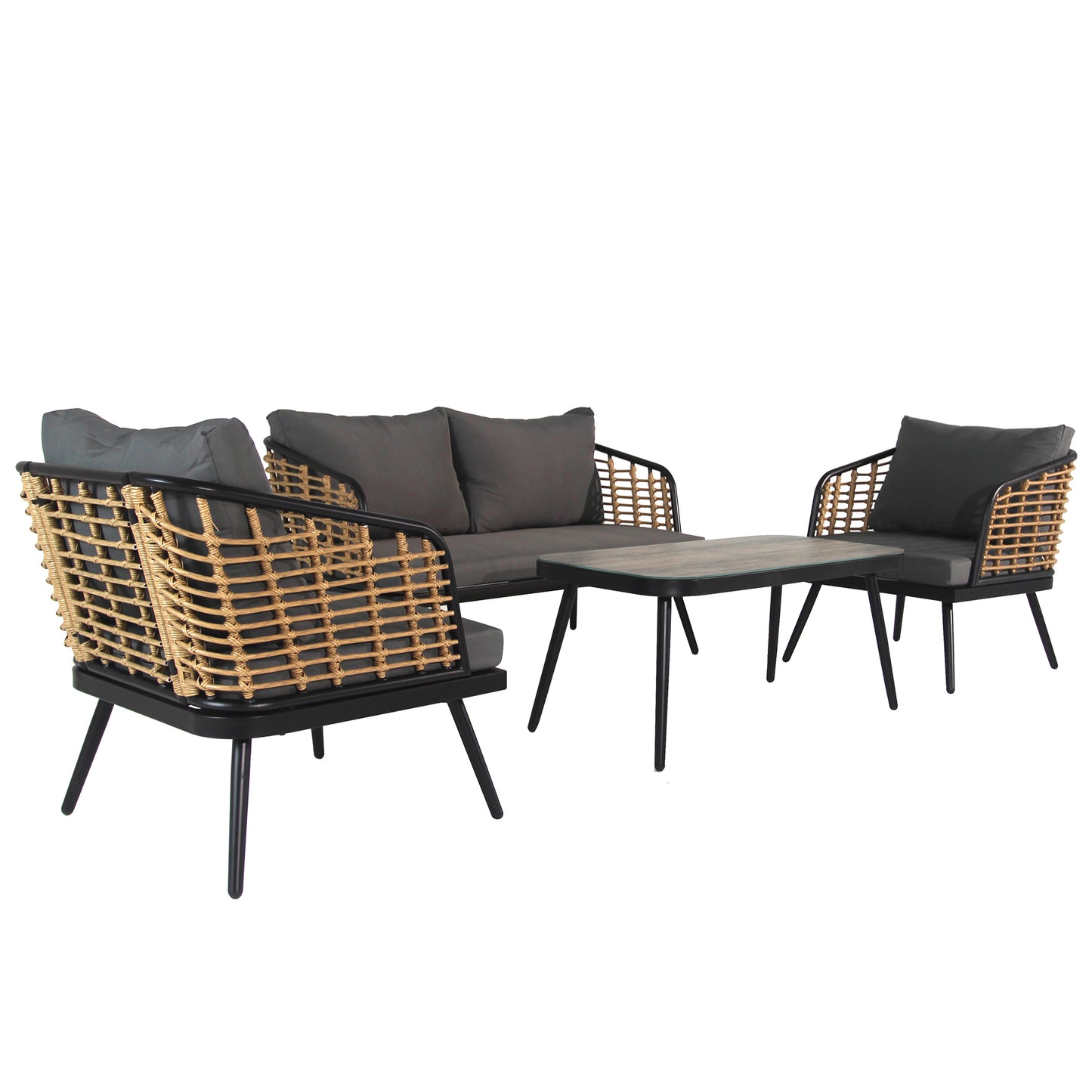 4 Pieces Patio Furniture Set, PE Rattan Wicker 4 Pcs Outdoor Sofa Set w/Washable Cushion and Tempered Glass Tabletop, Conversation Furniture for Garden Poolside Balcony