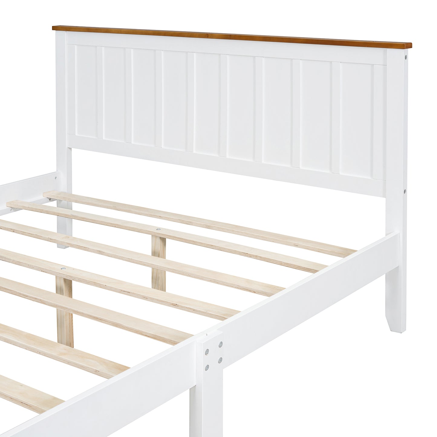 Queen Size Wood Platform Bed Wooden Slat Support, Vintage Simple Bed Frame with Rectangular Headboard and Footboard, White