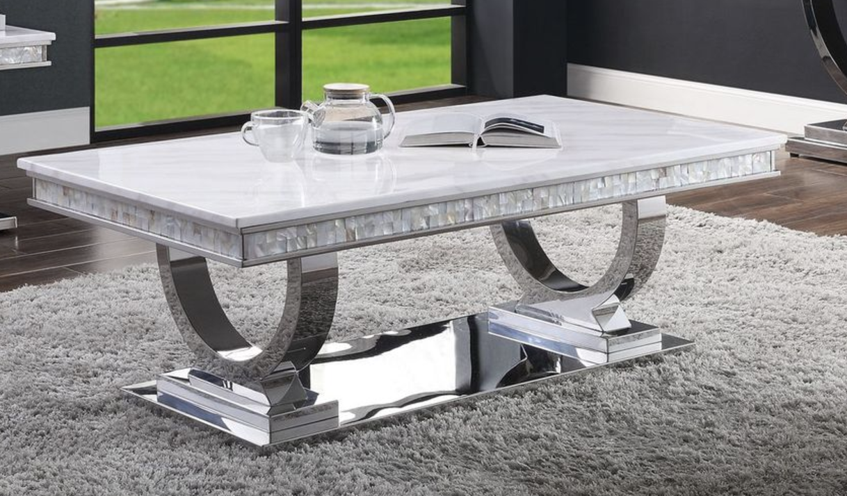 Zander White Printed Faux Marble Top & Mirrored Silver Finish Coffee Table