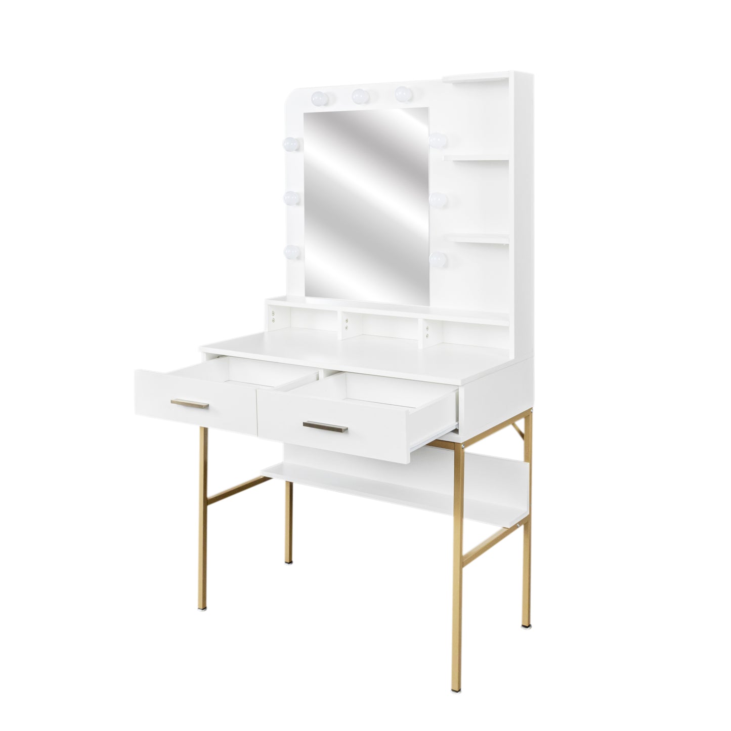 White modern simple vanity with stool, solid metal frame construction, 9 LED lights illuminate makeup mirror, adjustable brightness