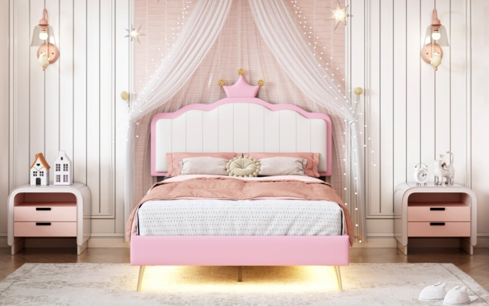 Twin size Upholstered Princess Bed With Crown Headboard,Twin Size Platform Bed with Headboard and Footboard with Light Strips,Golden Metal Legs, White+Pink