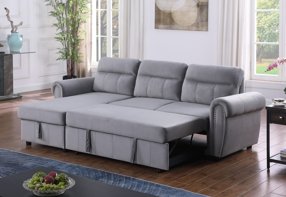 Ashton 96.5" Gray Velvet Fabric Reversible Sleeper Sectional Sofa Chaise