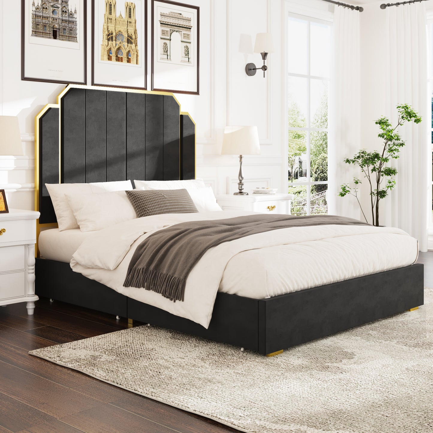 Queen Size Bed Frame and 59.06" Headboard, Upholstered Bed with Golden Plating Trim, Modern Platform Bed No Box Spring Needed, Black