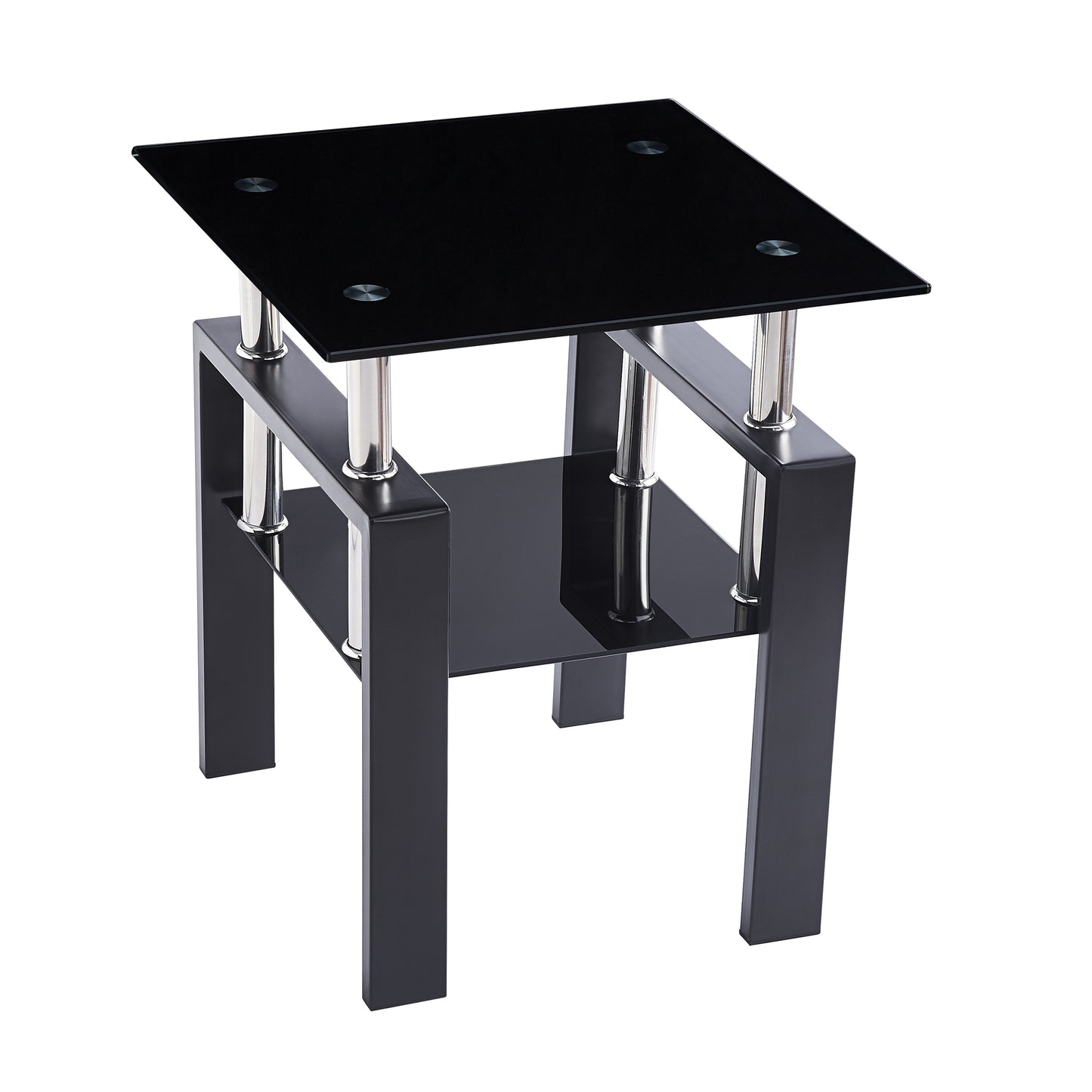 Modern Tempered Black Glass Sofa Table with Storage, 2-Layers Living Room Side Table