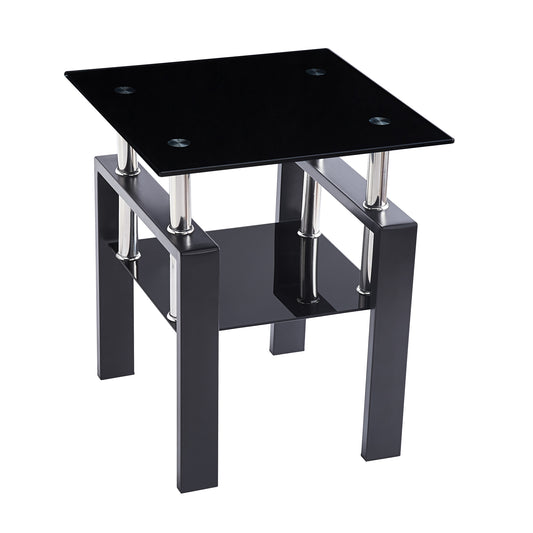 Modern Tempered Black Glass Sofa Table with Storage, 2-Layers Living Room Side Table