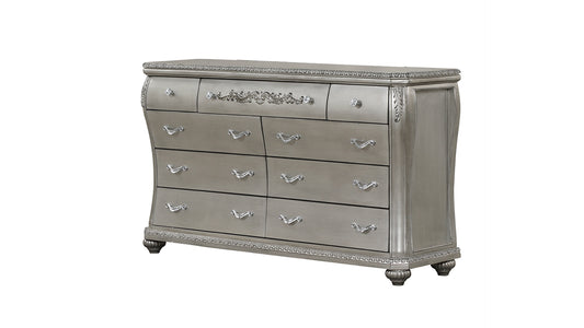 Destiny Traditional Style 9-Drawer Dresser With metal drawer pulls Made with Wood in Silver