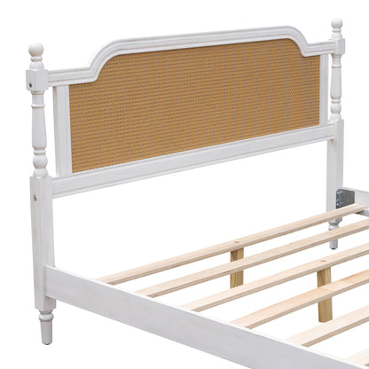 Traditional Style Rattan King Size Bed Frame,No Box Spring Needed,Antique White