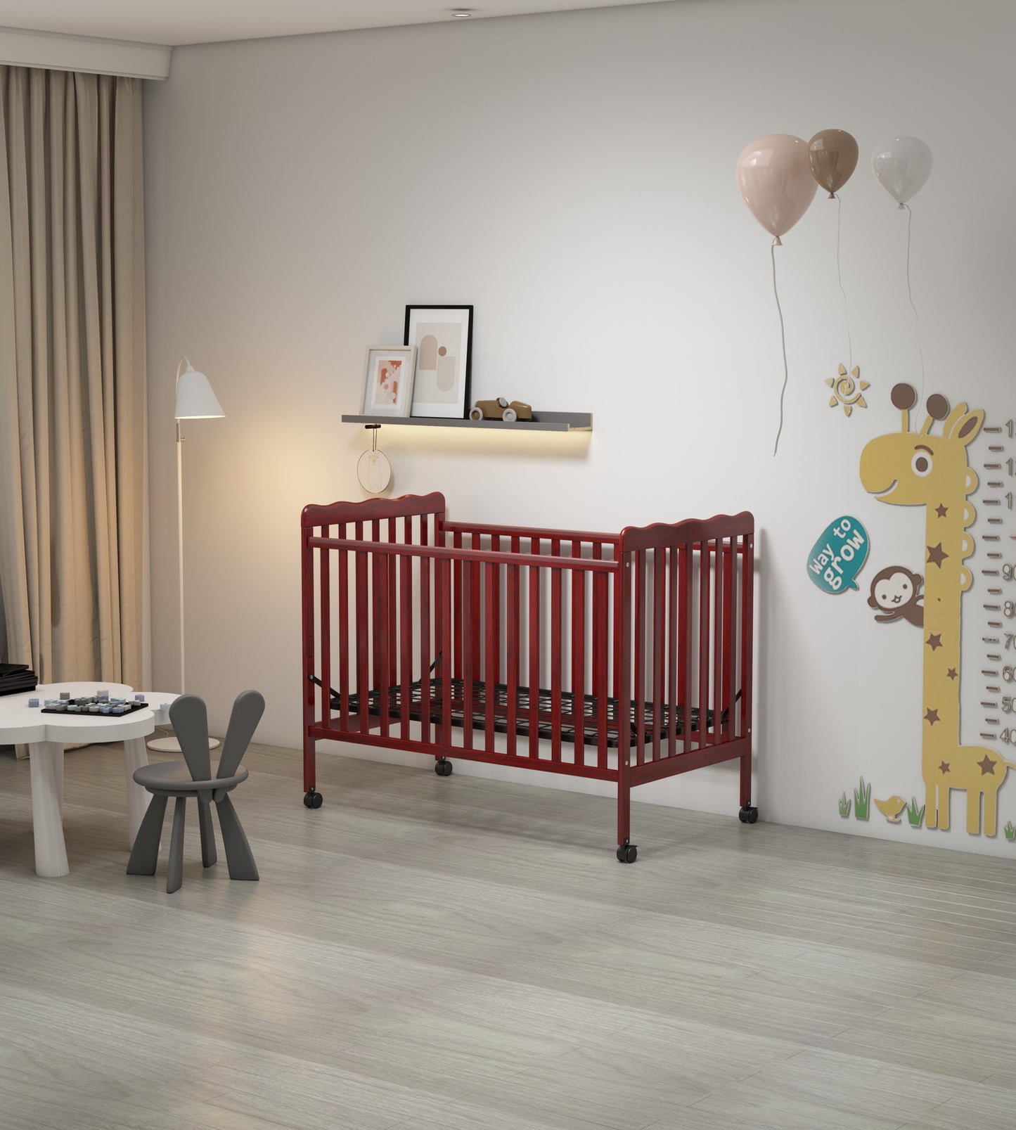 3-In-1 Convertible Crib In Cherry, Made Of Sustainable Pinewood, Non-Toxic Finish, Comes With Locking Wheels, Wooden Nursery Furniture