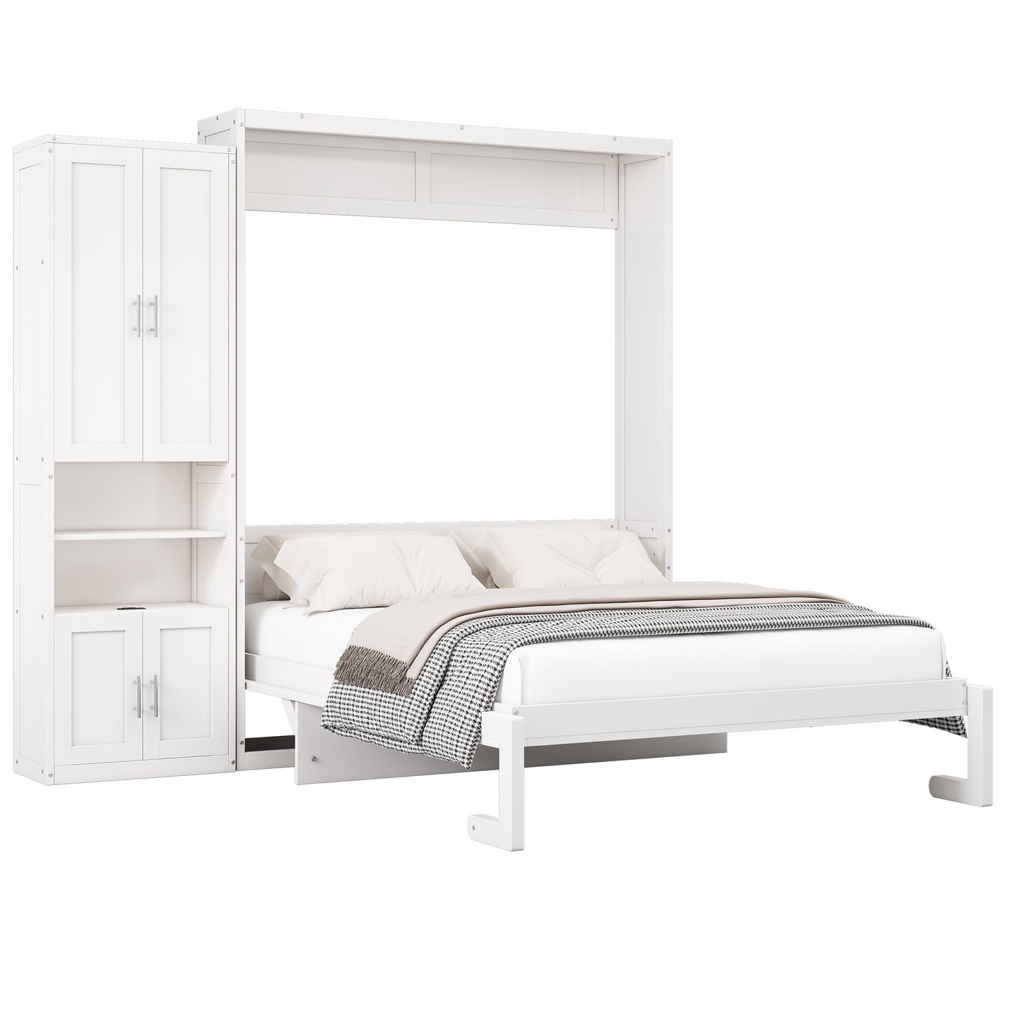 Queen Size Murphy Bed with 2 Side Cabinet Storage Shelves, 68-inch Cabinet Bed Folding Wall Bed with Desk Combo Perfect for Guest Room, Study, Office,White(old sku:BS400192AAC)