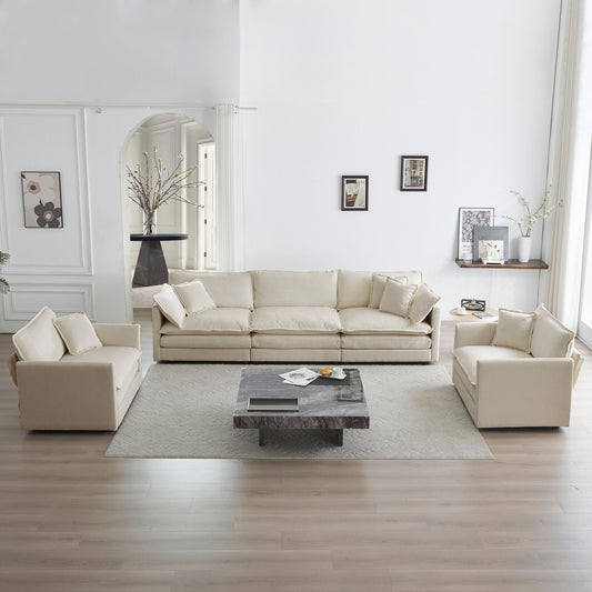 Sofa Set of 3, 1+1+3 Seats Living Room Sofa Set, Accent Chair, Loveseat, and Three-Seat Sofa Modern Style Round Arms 3 Piece Sofa Set, Beige Chenille